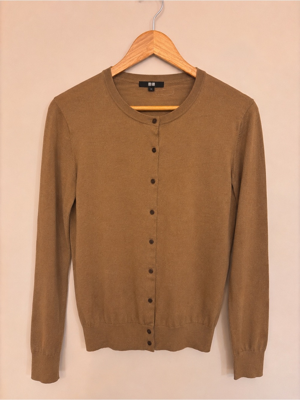 Uniqlo 100% Merino Wool Cardigan, Camel Brown Button Front Knit, Size L